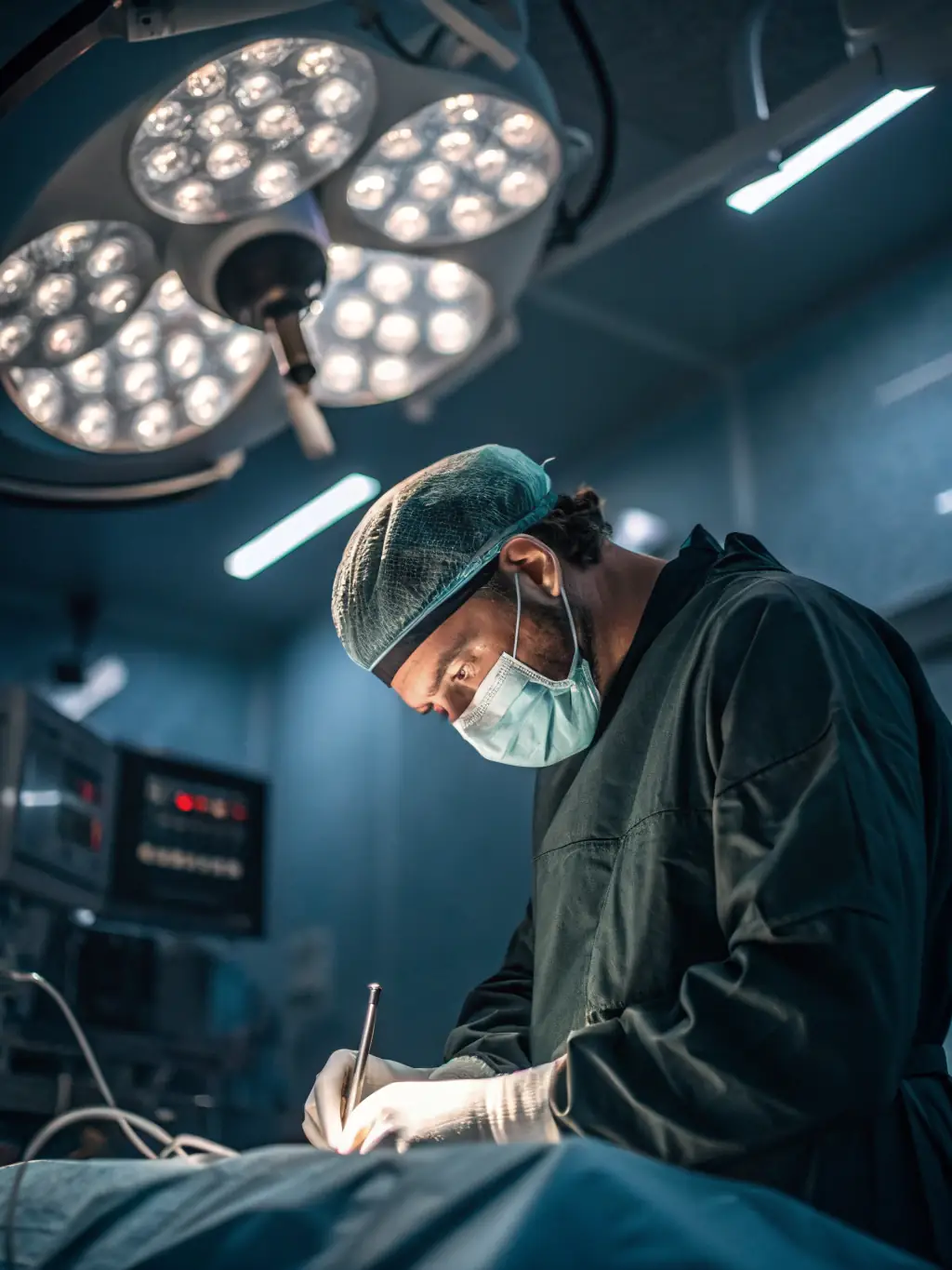 A futuristic image of a robotic surgery system operating with precision, showcasing advanced surgical technology.
