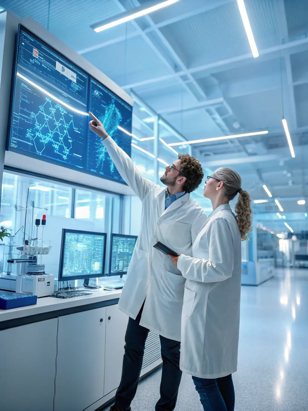 A lab scene with researchers analyzing genetic data, representing advancements in personalized medicine.